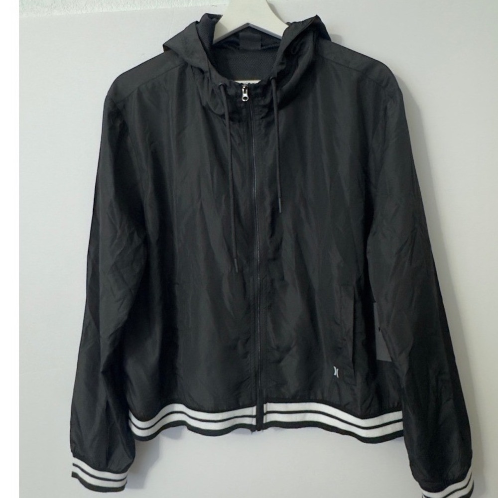 Hurley Hooded Windbreaker Women XL Black Striped‎ Trim Full Zip Athleisure Skate